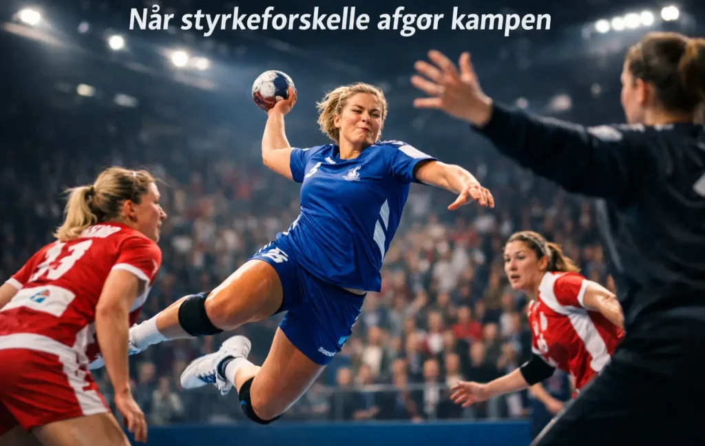 Kvindelig håndboldspiller i blåt går kraftfuldt mod mål mellem flere modspillere i en kamp, hvor styrkeforskelle præger opgøret