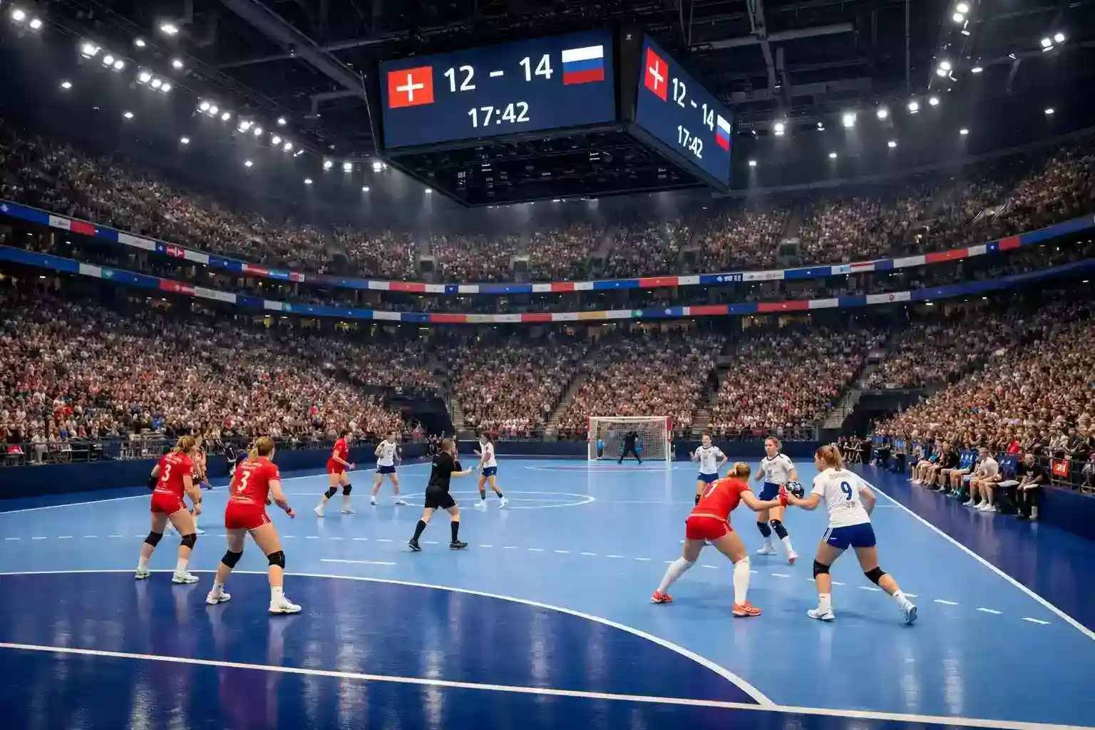 Storslået international håndboldturnering med fuldt stadion og dramatisk belysning under en vigtig kamp