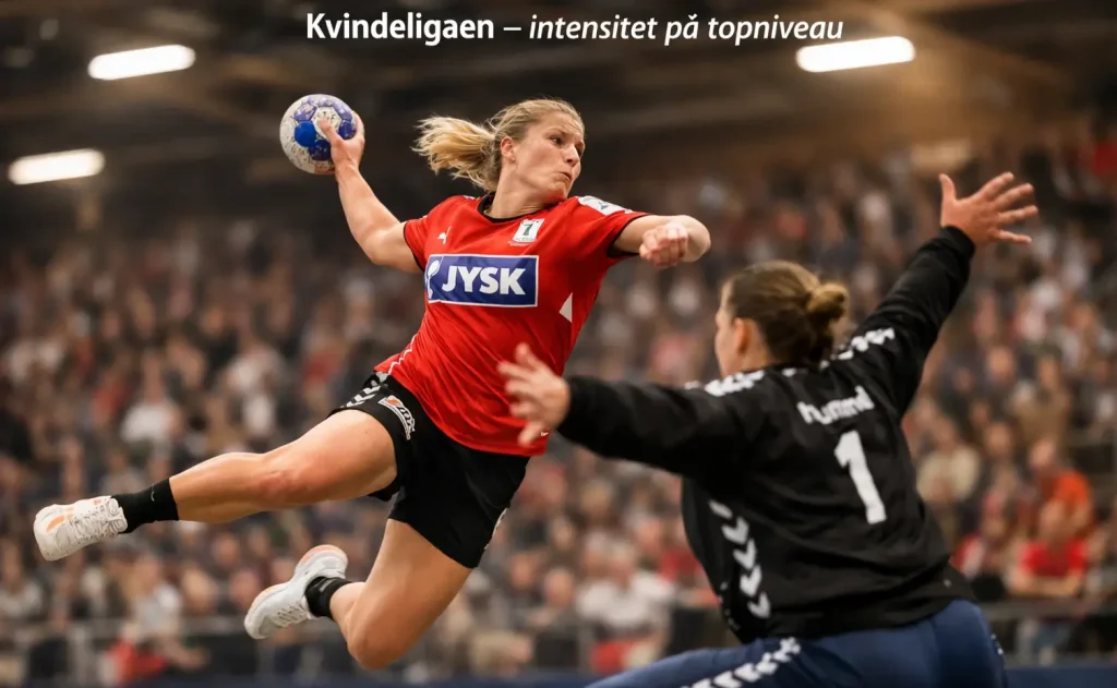 Kvindelig håndboldspiller i rødt springer mod mål under en intens kamp i Kvindeligaen, mens målmanden forsøger at redde skuddet