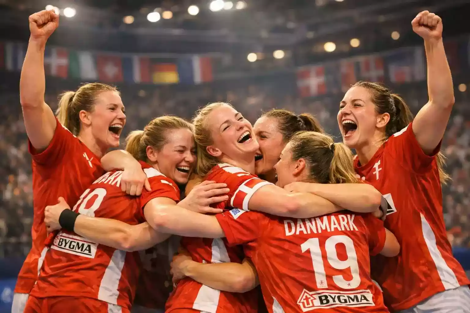 Det danske kvindelandshold fejrer en sejr ved en international slutrunde med spillere i rød-hvide trøjer