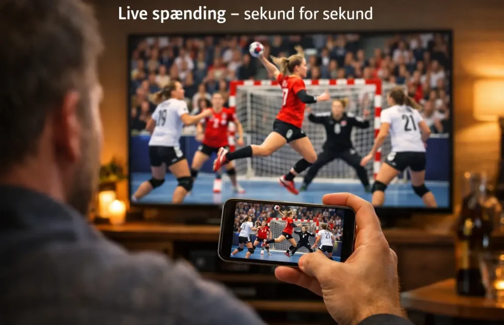 Person følger live kvindehåndbold på tv og mobil, mens en spiller afslutter mod mål i en intens kamp