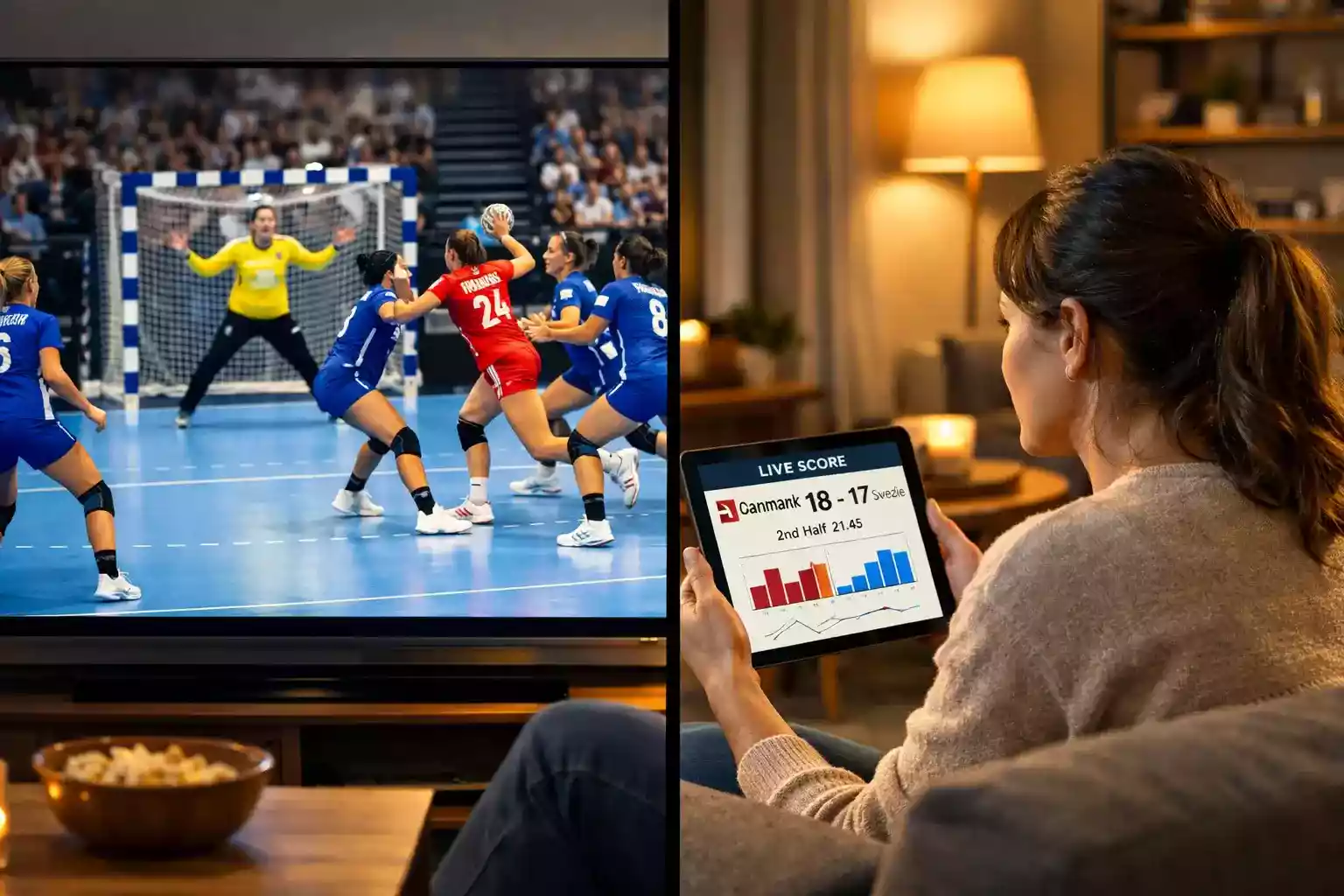 Live betting session med real-time odds og en kvindehåndboldkamp i baggrunden