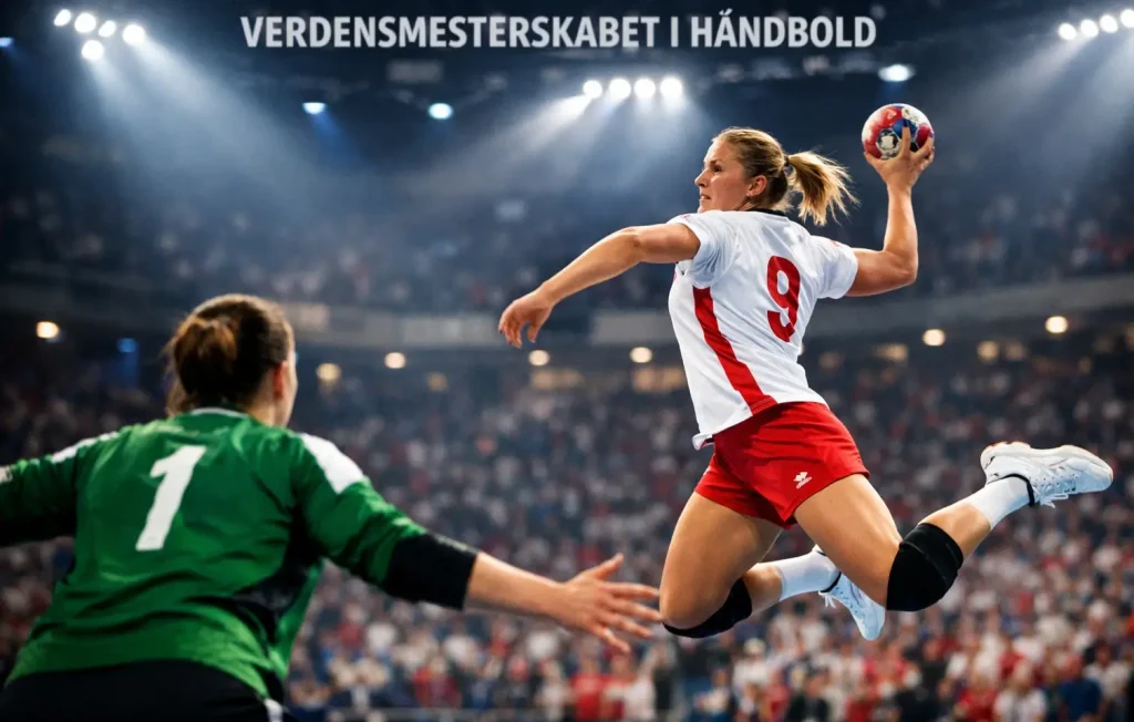 Kvindelig håndboldspiller går i luften mod mål under verdensmesterskabet, mens målmanden gør klar til redning foran et fyldt stadion